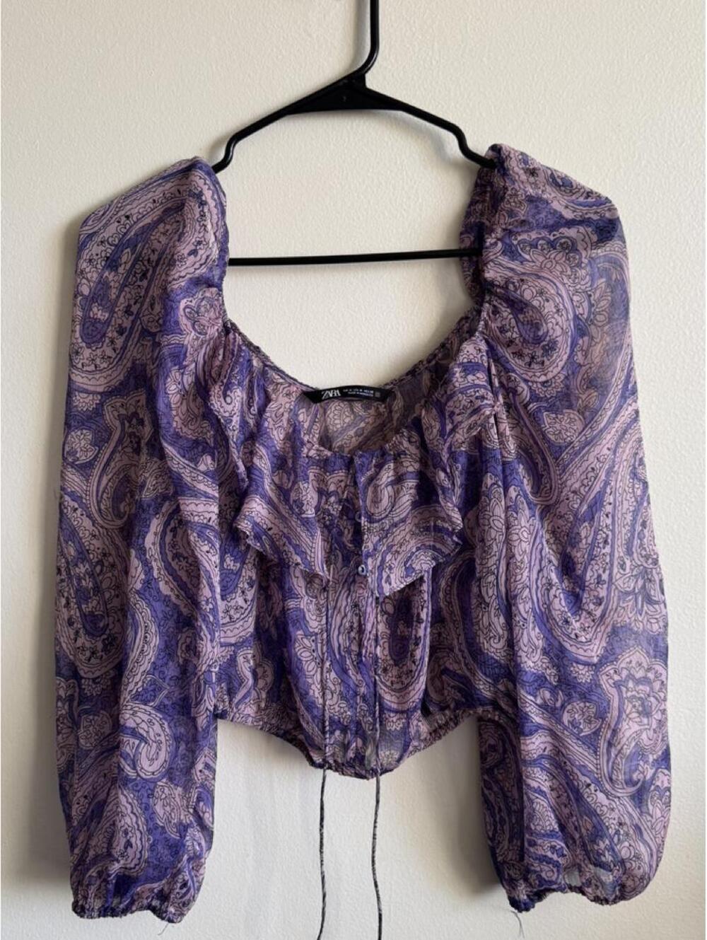 Zara purple paisley sheer blouse with ruffles and tie waist, size M